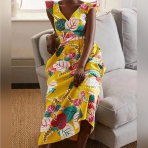 Boden Andrea Frill Sleeve Maxi/Midi Dress Yellow Pink Floral Fit Flare US 12R